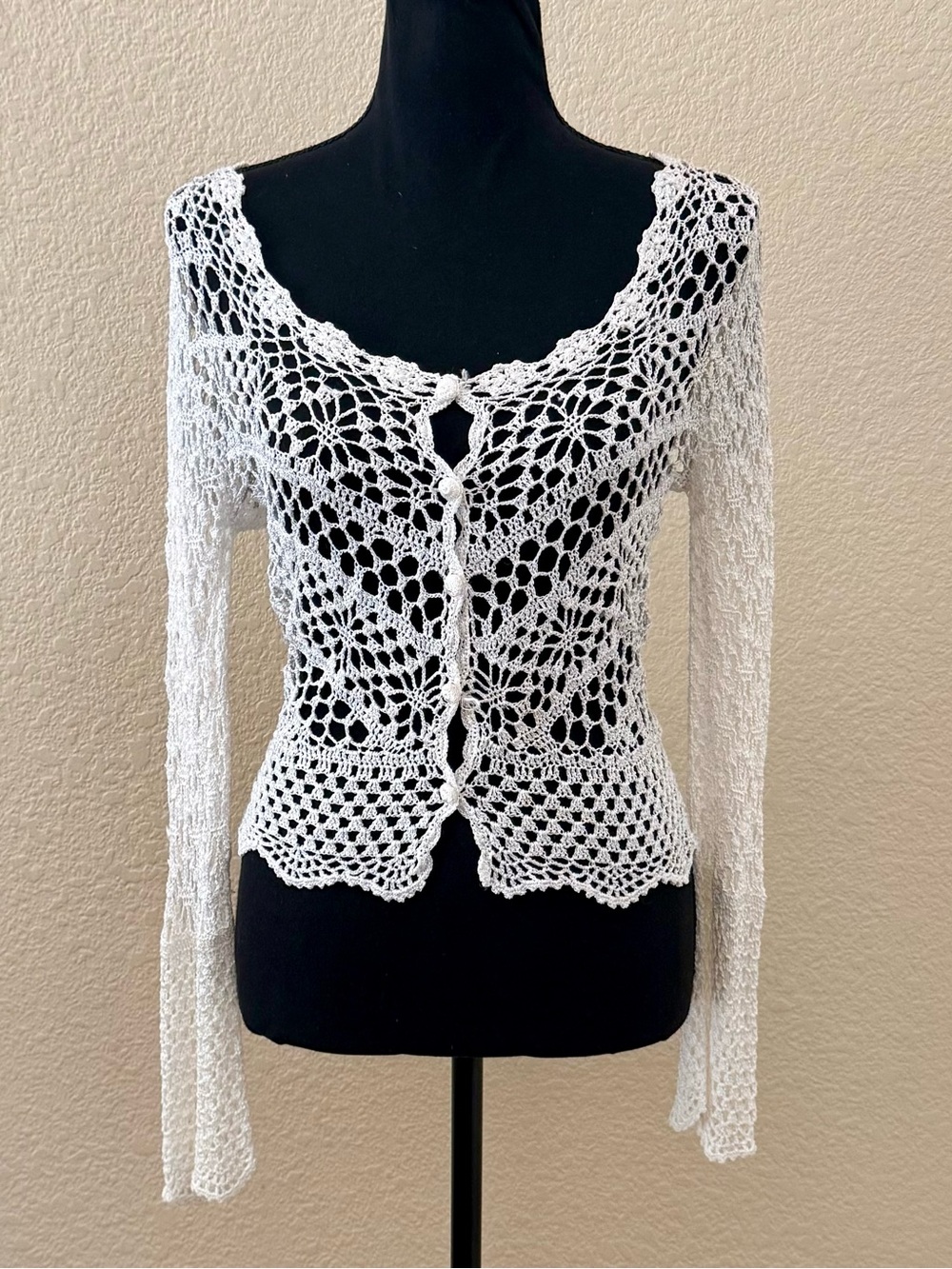 Vintage 90s Y2K Bette + Paige Open Knit Crochet Silk Cardigan White S Whimsigoth